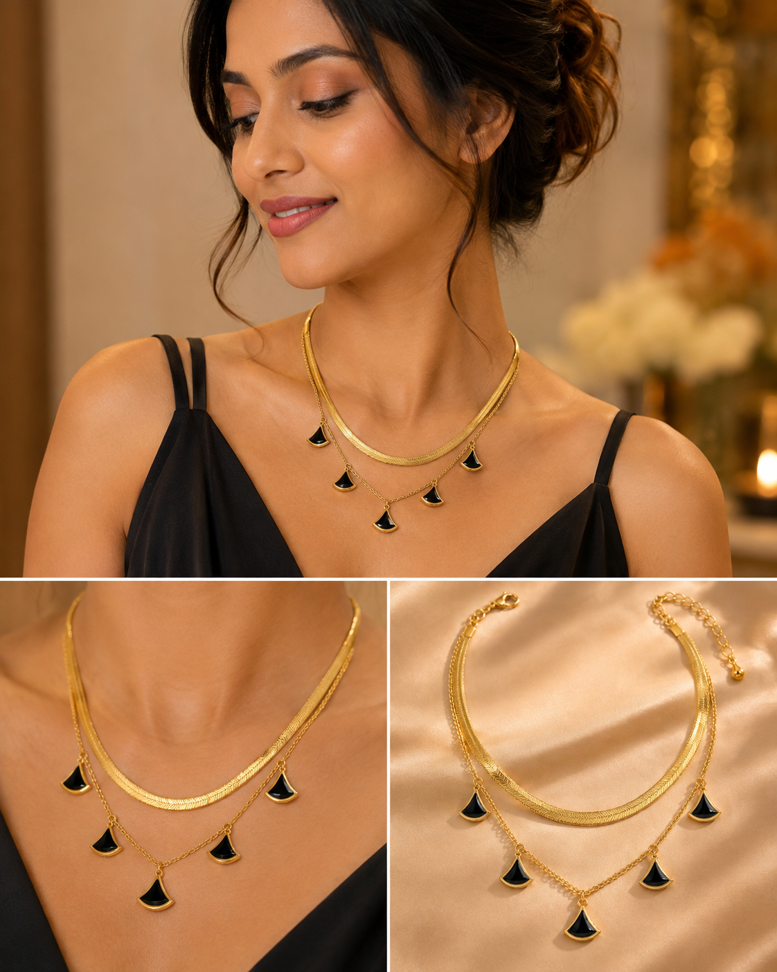 Black Fan Charm Layered Gold-Tone Necklace